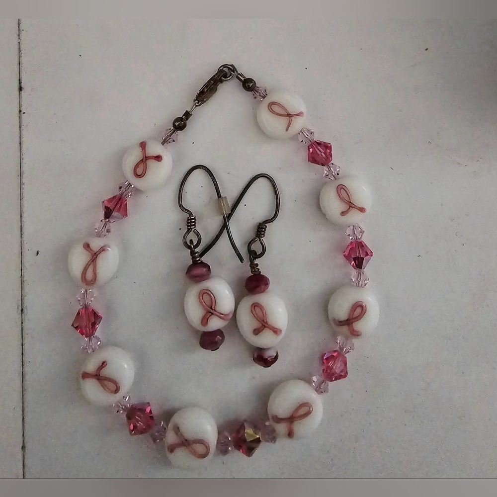 Lampwork breast cancer awareness bracelet and matching dangle Earrings Set
